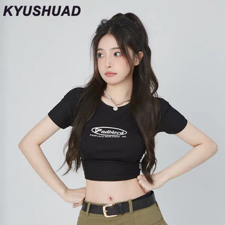 Kyushuad Áo thun ngắn tay bé gái xu hướng mùa hè ngọt ngào hot girl lưng cao rốn phong cách ngắn thời trang hàng đầu cô gái