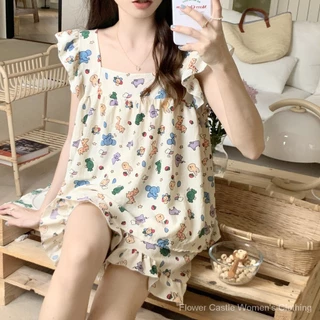 Bộ Đồ Ngủ Cotton Tay Ngắn Phồng In Hoạt Hình Dành Cho Nữ