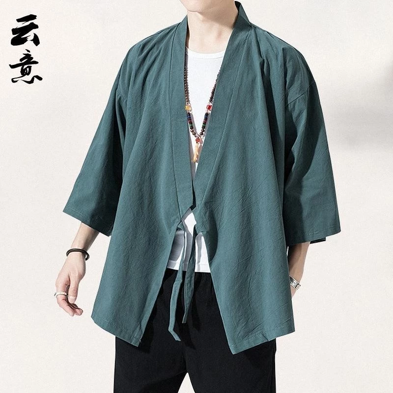 Mùa Xuân Mùa Hè Phong Cách Trung Hoa Áo Khoác Lanh Tay Ba Phần Tư Hanfu Nam Cổ Trang Phục Cardigan Rời Cotton Vải Lanh Đường Phù Hợp Với Đạo Sĩ Áo Khoác Đạo Giáo Quần Áo