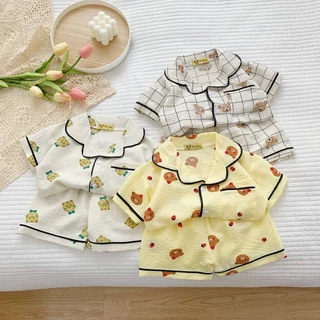 Bộ Pijama Cộc Tay Cho Bé In Hình Mặt Gấu, Bộ Pijama Chất Đũi Siêu Thoáng Mát Cho Bé Từ 10-27kg