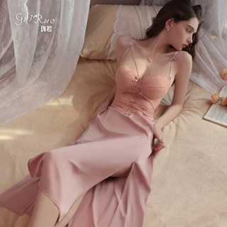 Guiruo Thương Hiệu Quần Lót Bộ Đồ Ngủ Gợi Cảm Có Miếng Lót Ngực Satin Pure Desire Chia Ren Sling Váy Ngủ Loungewear 3972