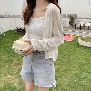 2024 Dệt Kim Cardigan Mùa Hè Băng Lụa Chống Nắng Quần Áo Nữ Điều Hòa Không Khí Áo Sơ Mi Bao Da Thịt Khăn Choàng Mỏng Phong Cách Bên Ngoài Phù Hợp Với Suspender Váy