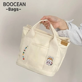 BOOCEAN Túi Tote nữ, Túi xách nữ thêu hoạt hình bằng vải Canvas, Túi đựng đồ ăn trưa nhiều túi màu trơn