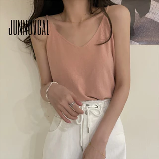 Junnovgal Nữ Áo hai dây Đan Màu Trơn Casual 2024 Phong Cách Mới Ôm Vừa V Cổ Thấp Cắt Tất Cả Trận Đấu