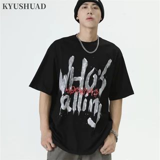 Kyushuad nam ngắn tay Mỹ cổ điển in chữ hiphop đường phố graffiti hip hop giản dị ins áo thun cặp đôi