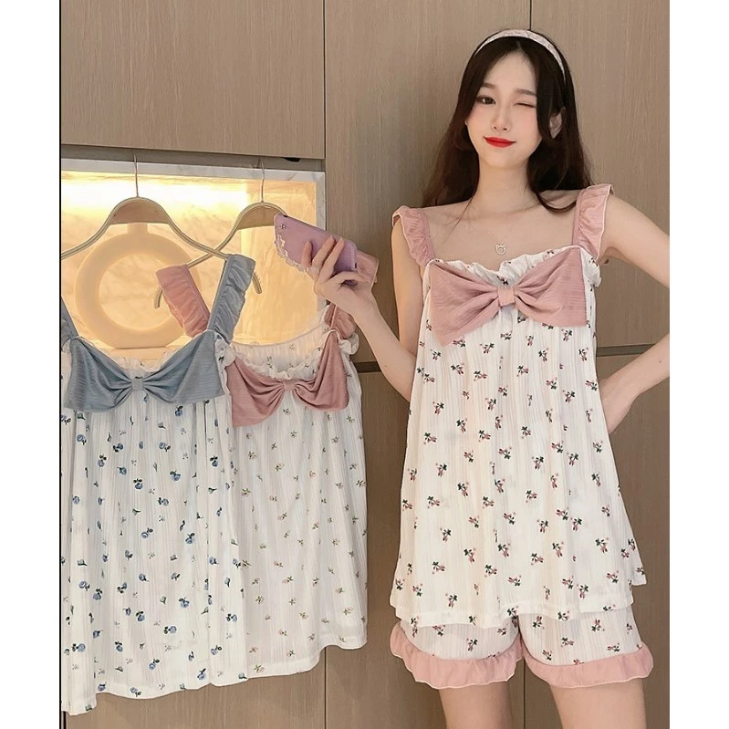 Bộ Đồ Ngủ Áo 2 Dây Xinh, Bộ Đồ ngủ 2 Dây Vải Lụa Lạnh Mỏng Có Nơ Thời Trang Mùa Hè Dễ Thương Cho Bạn Gái