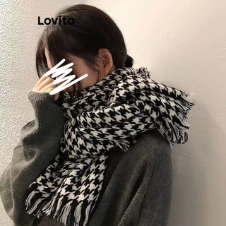 Khăn choàng cổ Lovito vải dệt kim họa tiết houndstooth hình học tua rua phong cách preppy thường ngày cho nữ LFA10135