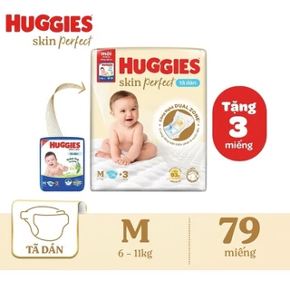 Tã/bỉm dán sơ sinh Huggies Skin Perfect Mẫu Mới M 76+3 miếng với 2 vùng thấm giảm kích ứng da