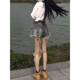 Quần short jean nữ hot girl cũ quần short denim nữ mùa hè mới eo cao rộng chân rộng khoe chân mỏng dài thô cạnh quần nóng thủy triều