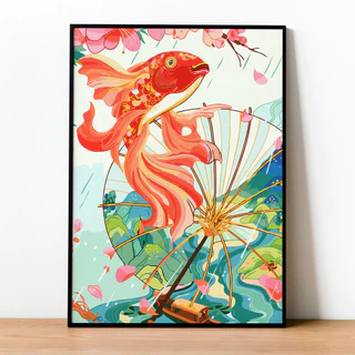 Tranh số hóa Cá chép trong mưa đã căng khung 40x50cm