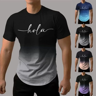 Mens Fashion Letter Printed T-Shirt Contrast Gradient Short Sleeve Tee Tops