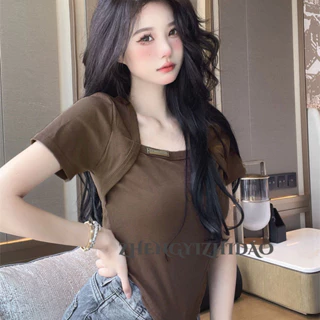 Zhengyizhidao Hot Girl Cổ Vuông Ngắn Tay Áo Thun Nữ Mùa Hè Nguyên Chất Desire Cong Viền Thiết Kế Thời Trang Ngắn Niche Top