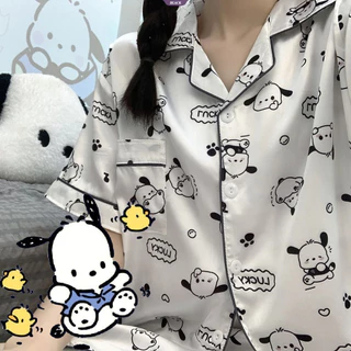 Mùa hè 2024 Mới Kawaii Sanrio Dễ Thương Pochacco Series Hoạt Hình Anime Áo Sơ Mi Tay Dài Bộ Đồ Ngủ Quần [BL]