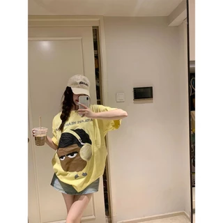 Yuewen Nguyên Chất Cotton Kem Vàng Hoạt Hình Áo Thun Nữ Tay Ngắn Mùa Hè Rời oversize Top