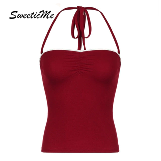 Sweeticme Nữ 2024 Thời Trang Mới Gợi Cảm Dây Ren Màu Sắc Tương Phản Đỏ Áo Áo Camisole