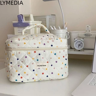 LYMEDIA Túi trang điểm Quilted, Túi vệ sinh du lịch Cotton chấm bi đầy màu sắc, Bộ sắp xếp lưu trữ dây kéo công suất lớn Fashin