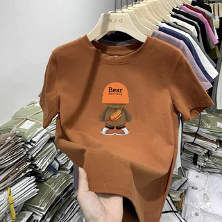 Phong Cách Mới In Hình Vai Trước Tay Ngắn 2024 Cotton Nguyên Chất Mùa Hè Slim-Fit Áo Thun Mỏng Hơn Nhìn Top Caramel Màu Top ins Bé Gái