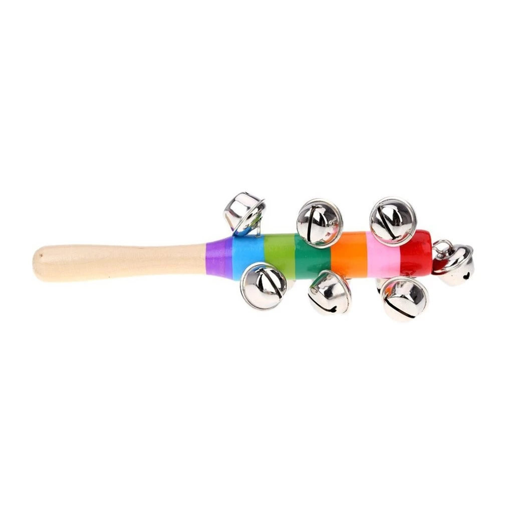 ♔DEICY♔Hand Held Bell Stick Wooden With 10 Metal Jingles Ball Colorful Rainbow{7/12}