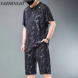 Yazhiniao nam ngắn tay + quần short phù hợp với doanh nhân đơn giản lụa băng thể thao thông thường phù hợp với kích thước lớn