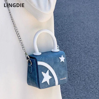 Lingdie Túi vuông nhỏ dành cho nữ thiết kế thích hợp cao cấp mới đa năng denim ngôi sao mini dây chuyền túi đeo chéo