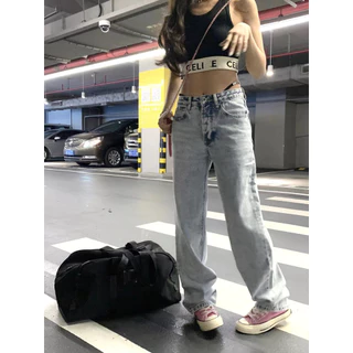 RQFA Alexander Wang 2022Spring and Summer New Socialite Style Waist Rhinestone Letter Decoration Solid Color Wide Leg Jeans for Women