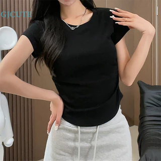 Gjcute Mùa Hè Nữ Màu Trơn Cổ Tròn Tay Ngắn Ruffle Áo Thun Không Đều Thời Trang Crop Top WTD