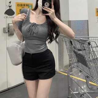 Crlnhc Sweet Slim Women Crop Top Office Lady Áo dệt kim dài tay sang trọng vn