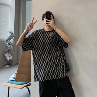 [Yuanz] 150kg Plus Size Nam Mùa Hè Phong Cách Mới Áo Thun Ngắn Tay Nam Rời Mỏng Phong Cách Drap Checkerboard Kẻ Sọc Áo Thun Thường Ngày Hợp Thời Trang Plus Size Áo Thun Nam