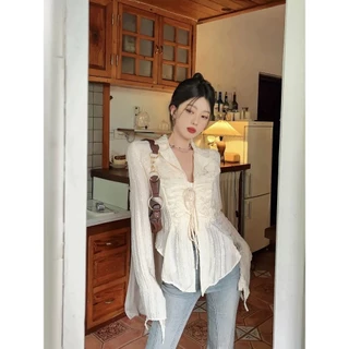 Apricot Voan Chống Nắng Áo Sơ Mi Nữ Xuân Thu Slim-fit Áo Sơ Mi Dài Tay Cổ Chữ v Thiết Kế Không Đều Niche Top