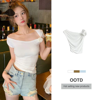 Áo thun ngắn tay lệch vai hoa mùa hè CRLNHC dành cho nữ màu trơn không đều sang trọng Crop Top vn