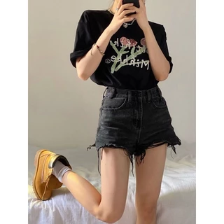 Đen Hot Girl Frayed Denim Quần Short Nữ Plus Size Cao Cấp Rời Ôm Hơn Hình Quả Lê Ống Rộng Quần Nóng