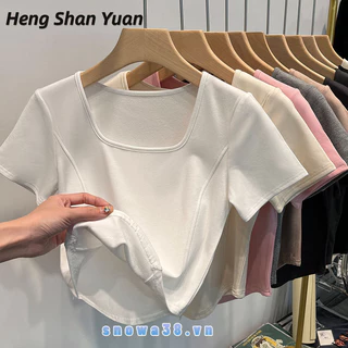 Áo thun nữ Heng Shan Yuan cổ vuông màu trơn mỏng tay ngắn phong cách Hàn Quốc Áo thun đa năng đơn giản