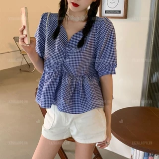 Áo sơ mi nữ tay ngắn Bigsize Áo sơ mi babydoll kiểu caro croptop cổ chữ v mùa hè Phong Cách hàn quốc đẹp Thanh Lịch cho nữ