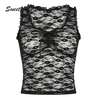 Sweeticme Nữ 2024 Thời Trang Mới Dạo Phố Cổ Chữ V Gợi Cảm Nhìn Xuyên Qua Xe Tăng Áo Camisole