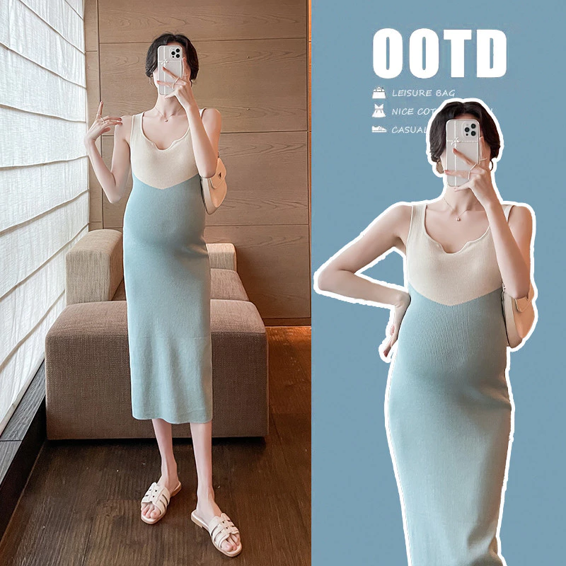 Đầm bà bầu Mùa hè Cổ chữ V Không tay dệt kim Phiên bản Hàn Quốc Slim-fit Độ đàn hồi cao Slimer Nhìn bà bầu dài