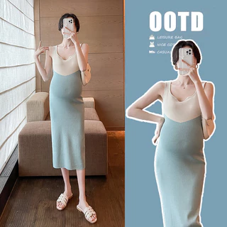 Đầm bà bầu Mùa hè Cổ chữ V Không tay dệt kim Phiên bản Hàn Quốc Slim-fit Độ đàn hồi cao Slimer Nhìn bà bầu dài