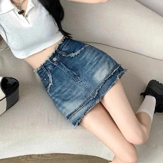 Phiên Bản Mùa Hè Hàn Quốc Retro Xù Cao Cấp Chữ A Quấn Mông Denim Váy Ngắn Nữ 240409