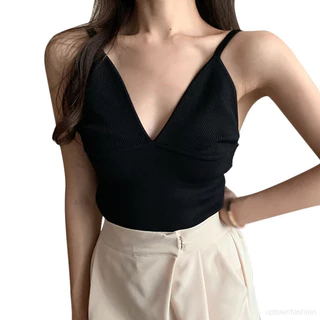 Phụ Nữ Không Tay Camisoles Màu Trơn Cổ Chữ V Sâu Dệt Kim Mùa Hè Thường Ngày Crop Top