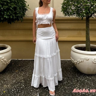 Aooao-nữ 2 Bộ Trang Phục Ren Viền Không Tay Cổ Chữ U Áo Có Váy Dài