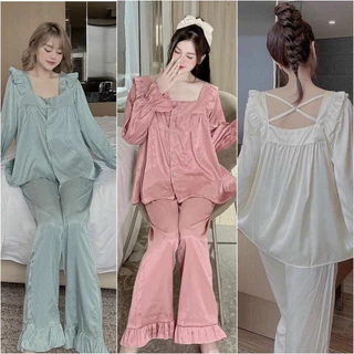 Đồ bộ pijama nữ mặc nhà lụa gấm xước tay dài tiểu thư