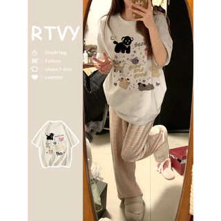 「RTVY」Áo thun Cotton ngắn tay động vật Chữ in hoạt hình Plus Size dáng rộng Áo thường ngày