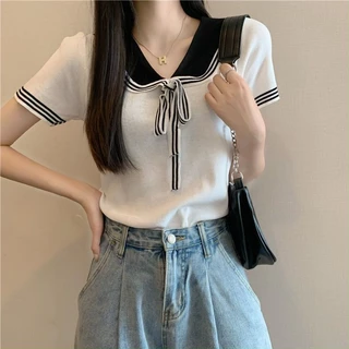 Mùa hè Phong cách mới Preppy Phong cách buộc búp bê buộc dây tay ngắn cho nữ