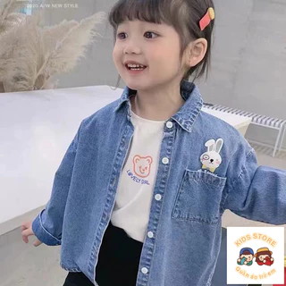 [Giảm Giá] Áo Khoác Thu Đông Bé Gái Phong Cách Mới Thời Trang Rời Dài Tay Áo Sơ Mi Denim Trung Nhỏ Trẻ Em Mùa Thu Hợp Thời Trang