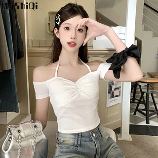 Áo thun nữ Pure gợi cảm hot girl phong cách gợi cảm áo thun ngắn tay gợi cảm cổ chữ V dây cổ áo thun hàng đầu Áo ngắn vừa vặn