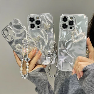 Dreamy INS Ngọc Trai Bling Vòng Tay Kim Cương Dây Đeo Tay Vỏ Điện Thoại Cho IPhone 11 15 Pro Max 14 Pro Max Ốp Lưng IPhone 13 12 Pro Max Xs Max X Xs Xr 7 8 Plus Lông Vũ Cứng IMD