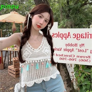 Áo Vest Nữ POOU, Áo Tua Rua Cotton, Áo Dệt Kim Bohemian Màu Trơn Ngọt Ngào Mùa Hè