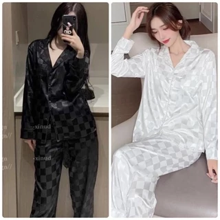 Bộ đồ ngủ pijama lụa gấm ô dài tay cao cấp dáng basic