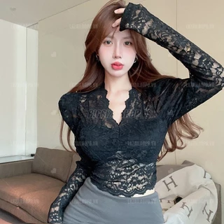 Áo sơ mi nữ tay dài Bigsize Áo croptop kiểu Ren dáng ôm cổ chữ v Sexy Mùa Thu Phong Cách hàn quốc đẹp Thanh Lịch cho nữ