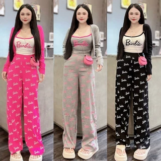 Set Đồ Bộ 3 Món Áo Thun Croptop 2 Dây In Chữ Barbie Kèm Áo Khoác Ngoài Phối Quần Dài Ống Rộng In 3D Siêu Sang ,Hot