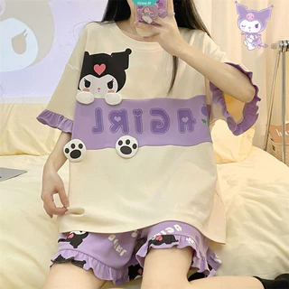 Bộ đồ ngủ mới cho bé gái Phim hoạt hình mùa hè Kuromi Loose Sweet Xù Quần Short ngắn tay dành cho sinh viên dễ thương Bộ đồ mặc nhà dành cho thanh thiếu niên [GM]